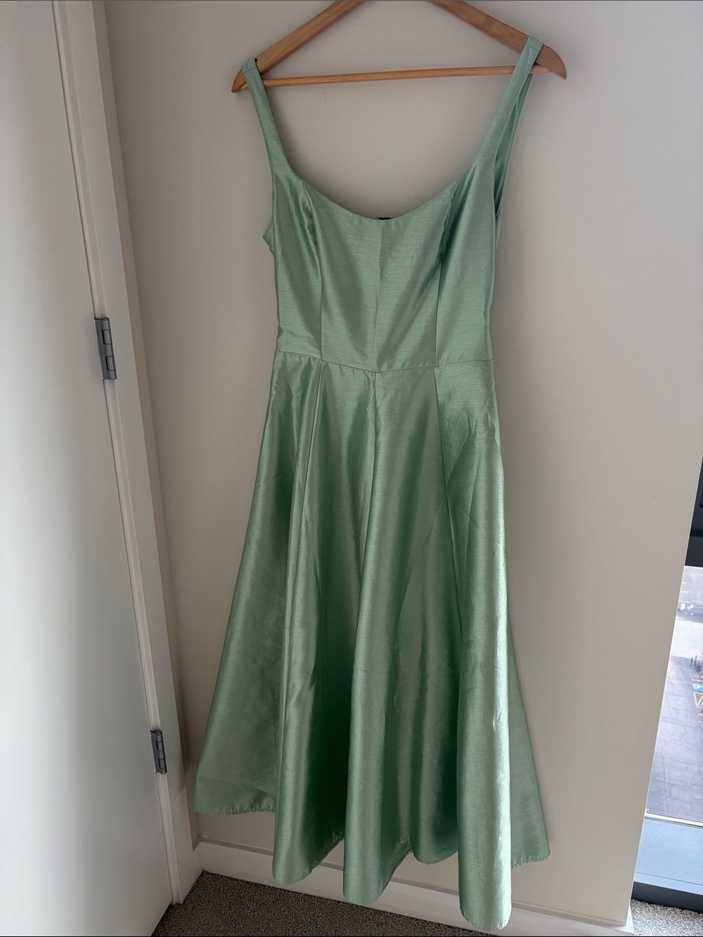 Satin Mint Green Midi Dress with Scoop Neck